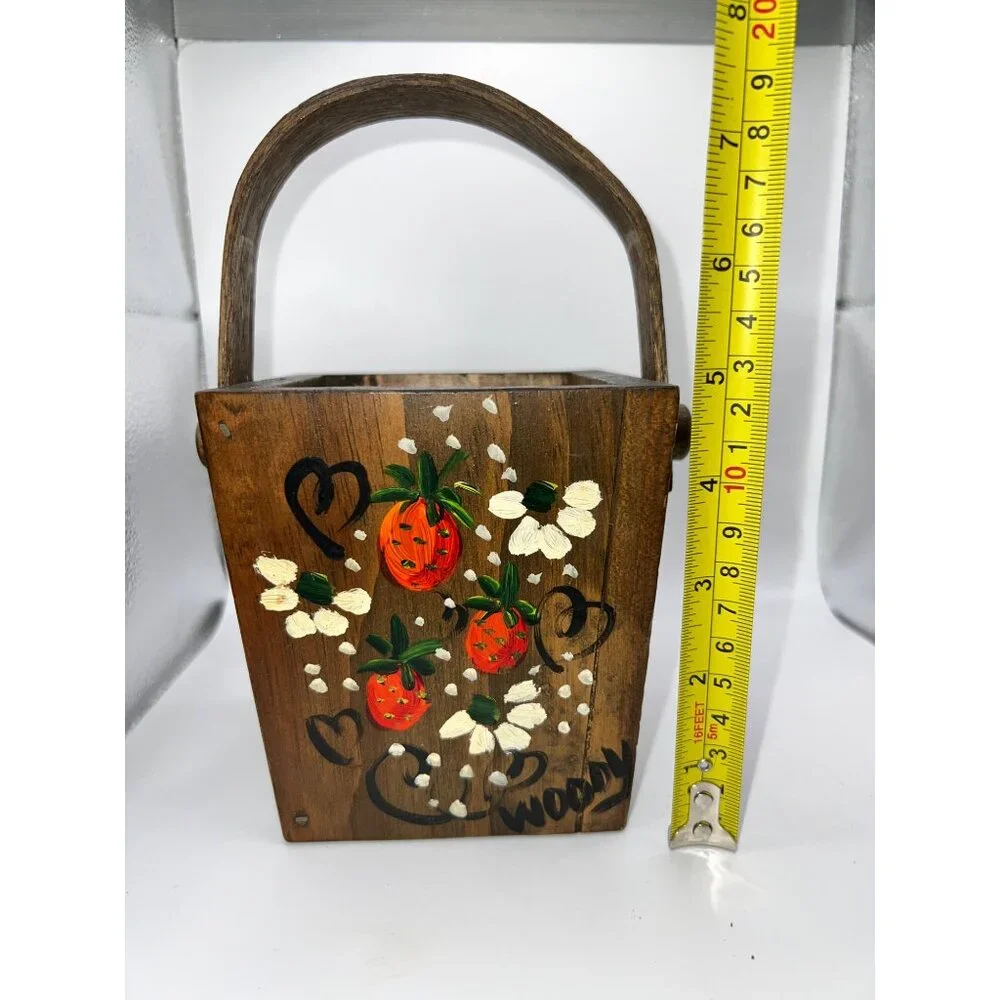 VTG Hand Painted‎ Mini Wooden Basket Painted Flowers & Strawberries Cottagecore